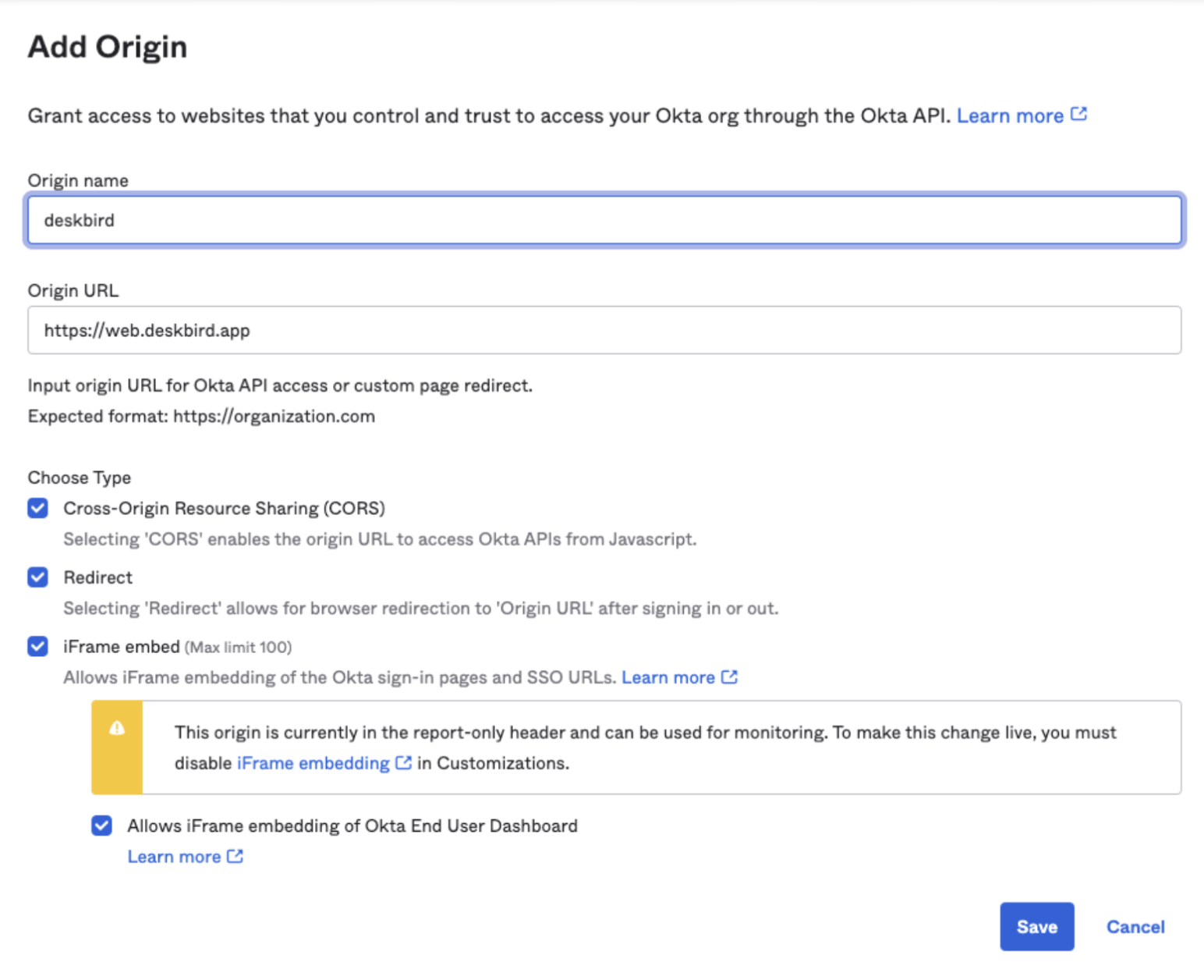 Trusted Origins Setup Screenshot