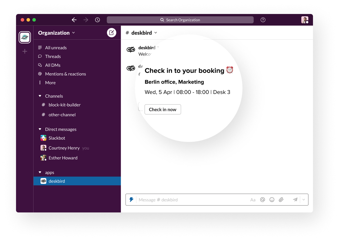Pulsante di Check-in in Slack